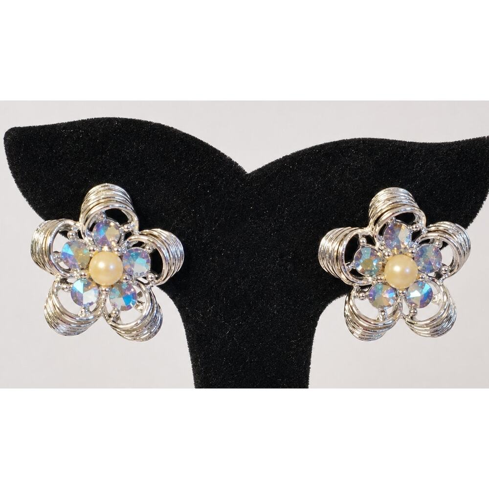 Vintage Blue AB Rhinestone Faux Pearl Flower Clip-On Earrings Mid-Century  bcl42